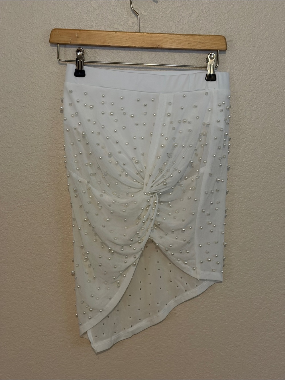 12th Tribe White Pearl-Accented Asymmetrical Draped Skirt